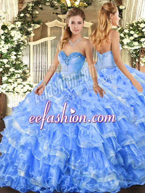  Baby Blue Quinceanera Gowns Military Ball and Sweet 16 and Quinceanera with Beading and Ruffled Layers Sweetheart Sleeveless Lace Up