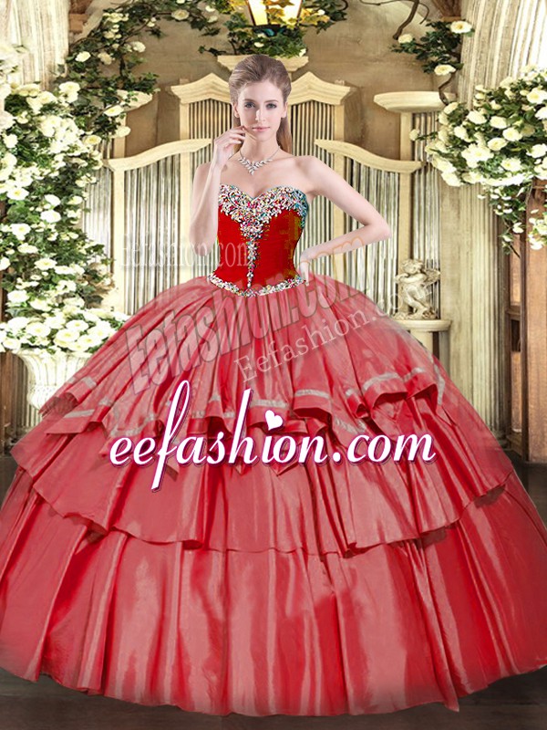  Coral Red Sweetheart Neckline Beading and Ruffled Layers Quince Ball Gowns Sleeveless Lace Up