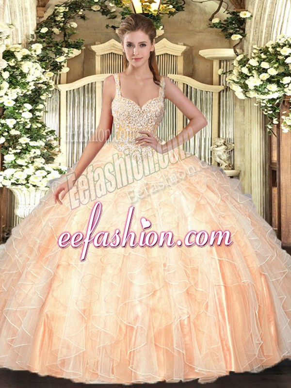  Floor Length Lace Up Sweet 16 Quinceanera Dress Peach for Military Ball and Sweet 16 and Quinceanera with Beading and Ruffles