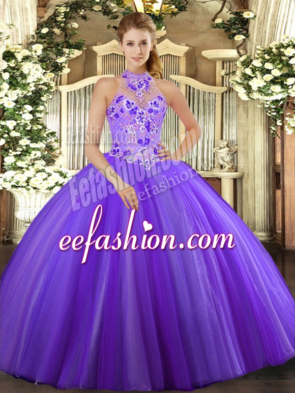 Fancy Purple Lace Up Halter Top Embroidery 15 Quinceanera Dress Tulle Sleeveless