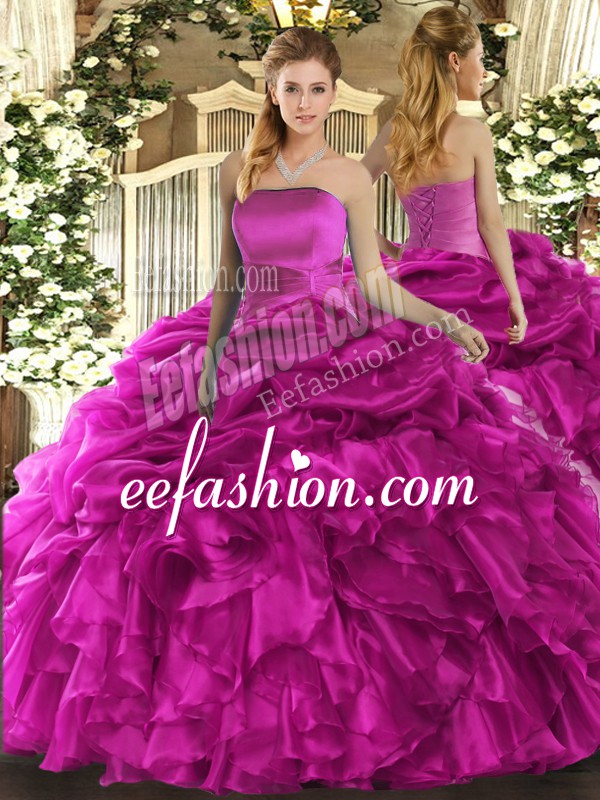 Simple Ball Gowns Ball Gown Prom Dress Fuchsia Strapless Organza Sleeveless Floor Length Lace Up