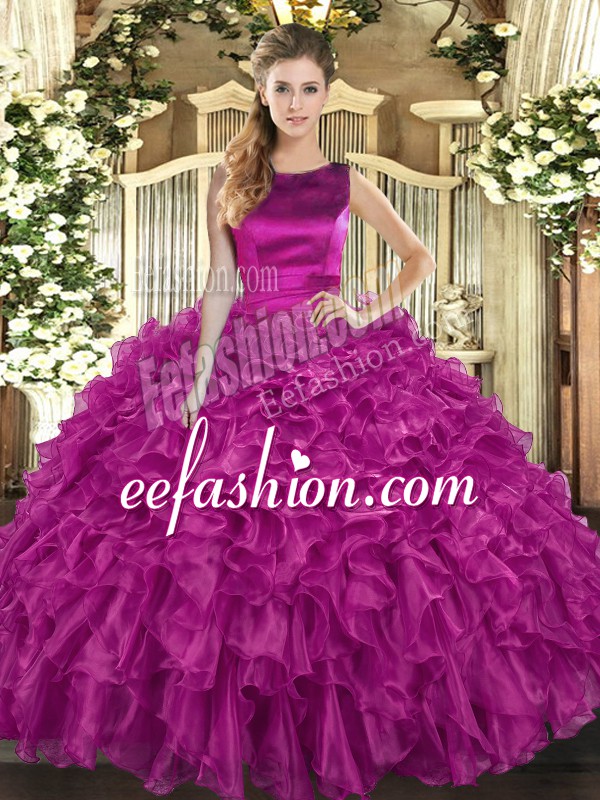 Trendy Ball Gowns Quinceanera Dress Fuchsia Scoop Organza Sleeveless Floor Length Lace Up
