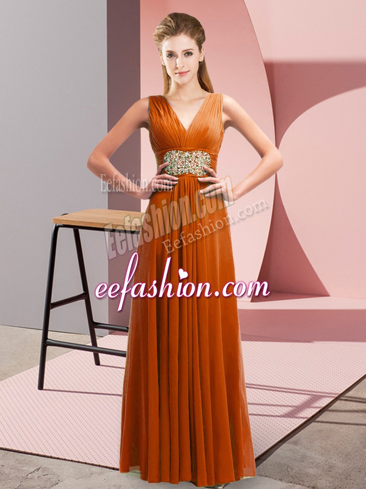  V-neck Sleeveless Prom Dresses Floor Length Beading and Ruching Rust Red Chiffon