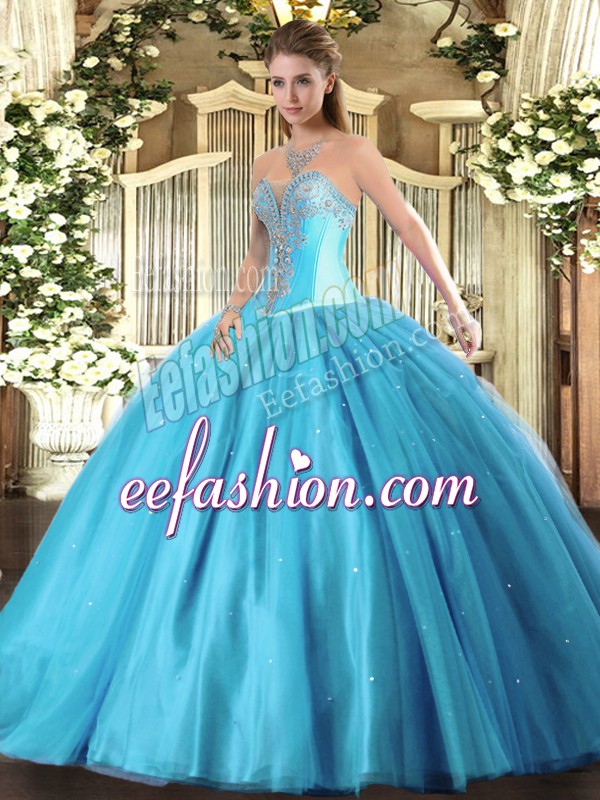 Exquisite Floor Length Lace Up Vestidos de Quinceanera Aqua Blue for Military Ball and Sweet 16 and Quinceanera with Beading