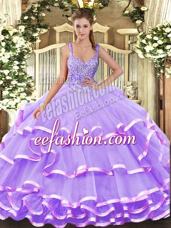  Lavender Straps Lace Up Beading and Ruffled Layers Quinceanera Gowns Sleeveless