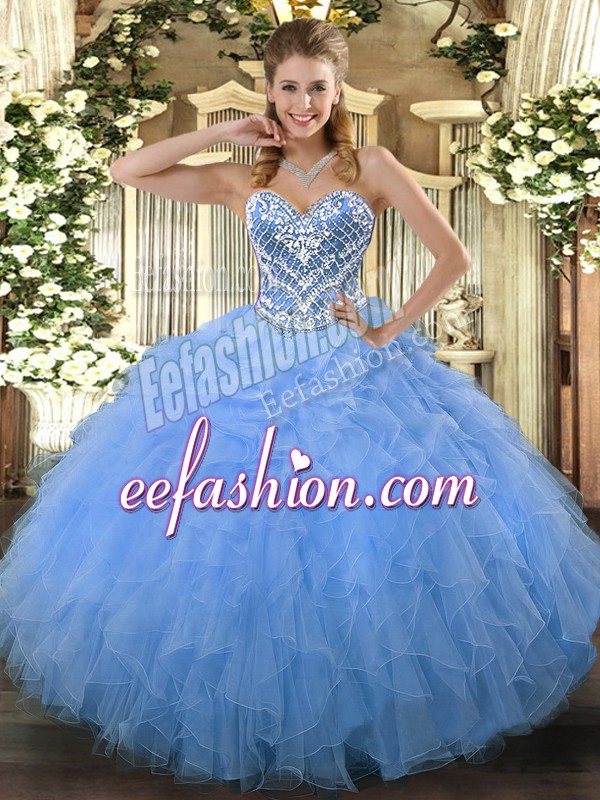 On Sale Aqua Blue Side Zipper Sweet 16 Dresses Beading and Ruffles Sleeveless Floor Length