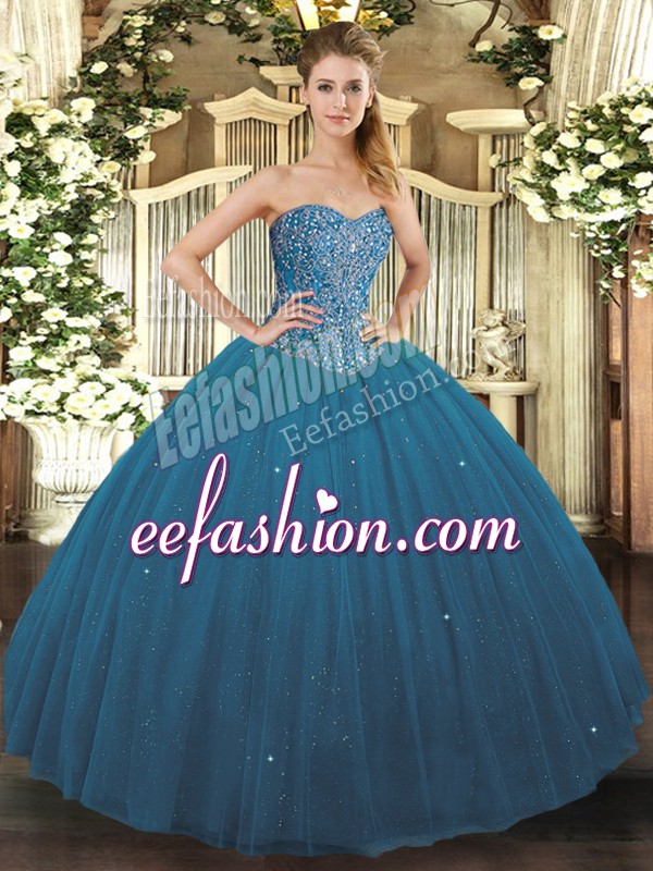 Sweet Sleeveless Floor Length Beading Lace Up Sweet 16 Dresses with Teal 