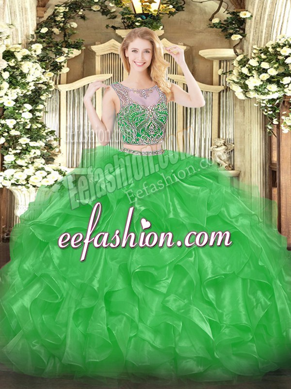 Deluxe Green Two Pieces Scoop Sleeveless Organza Floor Length Lace Up Beading and Ruffles 15 Quinceanera Dress