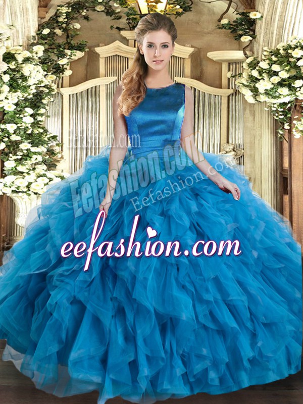  Sleeveless Floor Length Ruffles Lace Up Sweet 16 Dress with Teal 