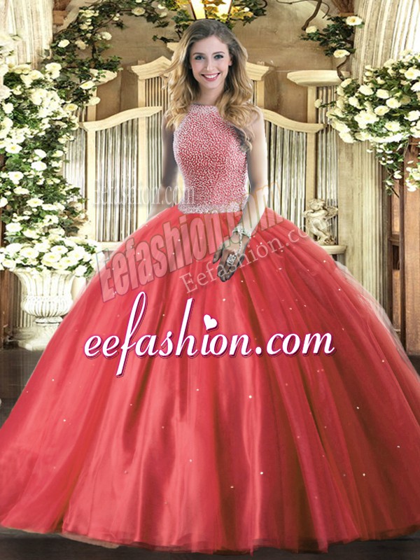Enchanting Red High-neck Neckline Beading 15 Quinceanera Dress Sleeveless Lace Up