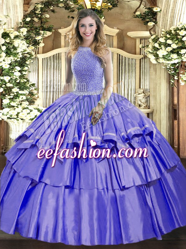 Dazzling Lavender Ball Gowns Beading and Ruffled Layers Sweet 16 Quinceanera Dress Lace Up Organza and Taffeta Sleeveless Floor Length