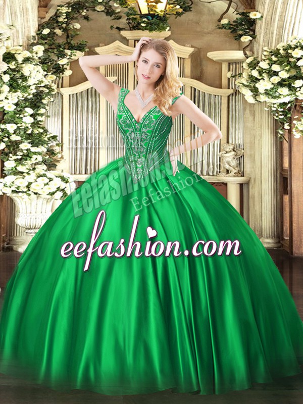 Sweet Beading Sweet 16 Dress Green Lace Up Sleeveless Floor Length