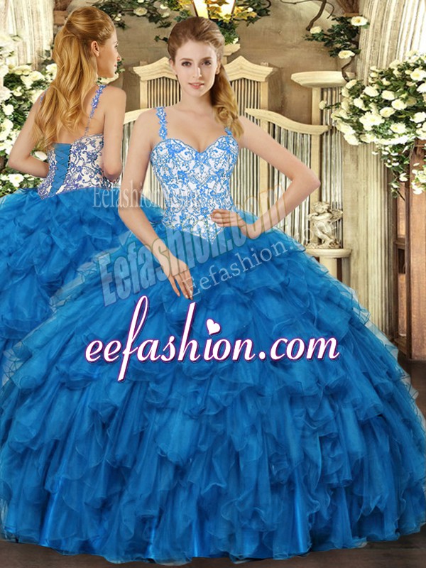 Smart Blue Sleeveless Organza Lace Up Quince Ball Gowns for Sweet 16 and Quinceanera