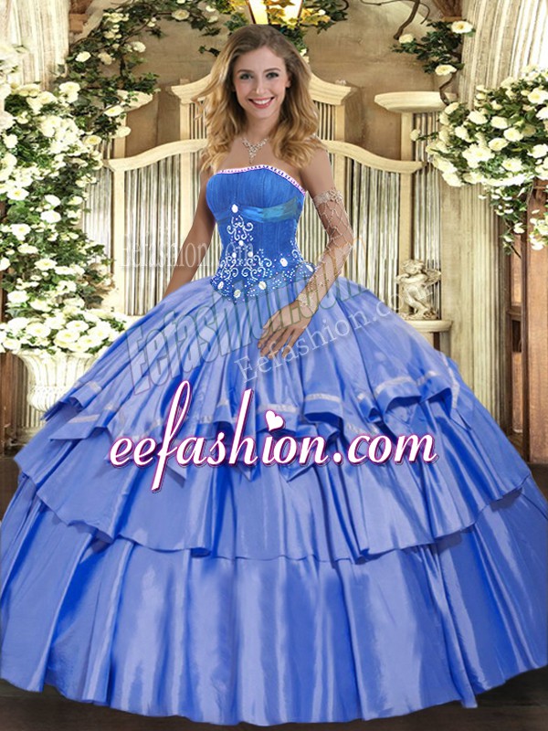  Floor Length Lace Up 15 Quinceanera Dress Blue for Military Ball and Sweet 16 and Quinceanera with Beading and Ruffled Layers