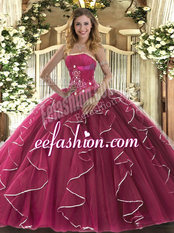 High End Sleeveless Tulle Floor Length Lace Up Quinceanera Dress in Fuchsia with Beading and Ruffles
