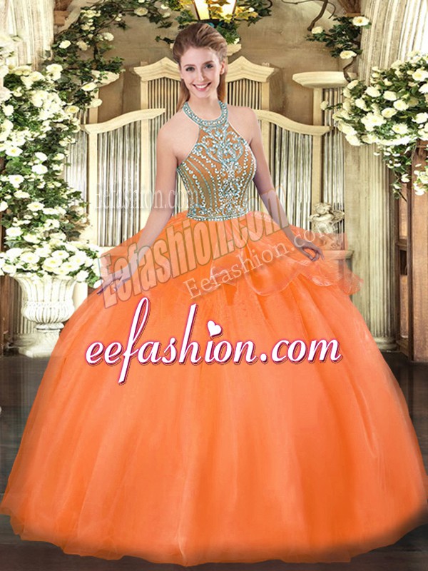 Nice Halter Top Sleeveless Lace Up 15 Quinceanera Dress Orange Red Tulle