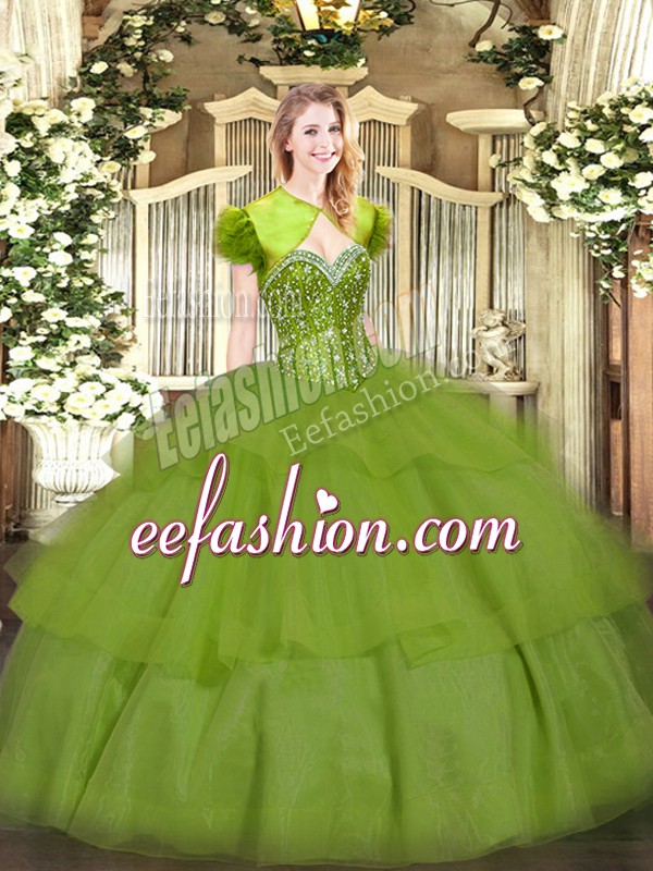  Olive Green Quinceanera Dress Military Ball and Sweet 16 and Quinceanera with Beading and Ruffled Layers Sweetheart Sleeveless Lace Up