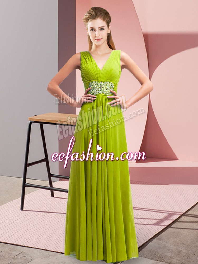  Yellow Green Empire Chiffon V-neck Sleeveless Beading Floor Length Lace Up Prom Evening Gown