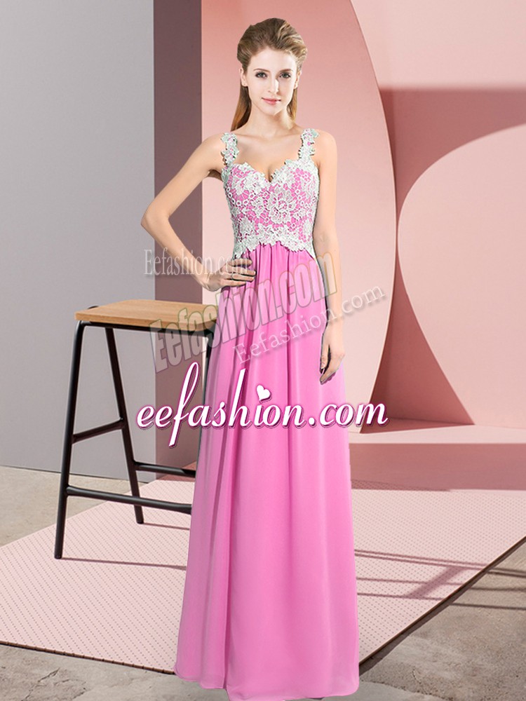 Affordable Rose Pink Chiffon Zipper V-neck Sleeveless Floor Length Evening Dress Lace