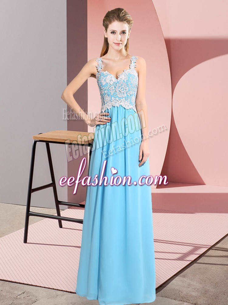 Pretty Floor Length Baby Blue Prom Dress Chiffon Sleeveless Lace