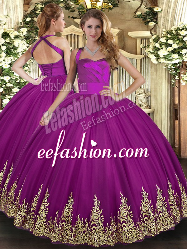  Appliques Quinceanera Dresses Fuchsia Lace Up Sleeveless Floor Length