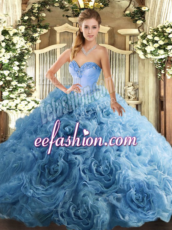  Aqua Blue Sleeveless Fabric With Rolling Flowers Lace Up Sweet 16 Dress for Military Ball and Sweet 16 and Quinceanera