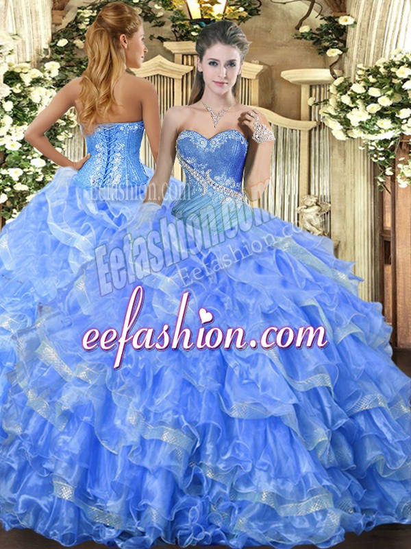  Baby Blue Sleeveless Floor Length Beading and Ruffled Layers Lace Up Quinceanera Gown