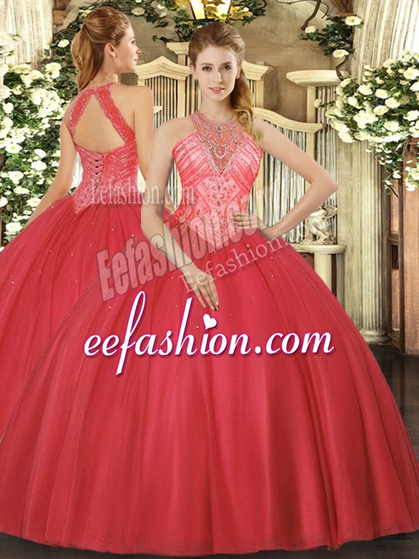 Modest Red Sleeveless Floor Length Beading Lace Up 15 Quinceanera Dress
