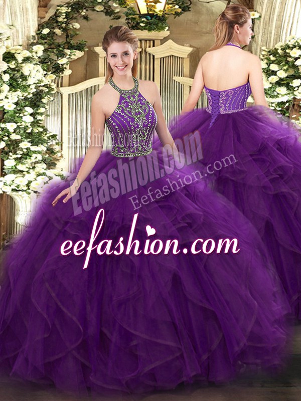 Adorable Floor Length Purple Quinceanera Dress Tulle Sleeveless Beading and Ruffles
