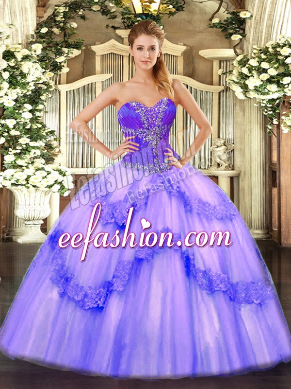 High Quality Lavender Ball Gowns Beading 15 Quinceanera Dress Lace Up Tulle Sleeveless Floor Length