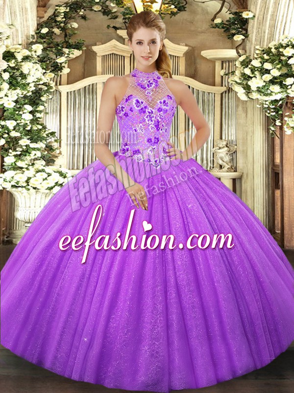  Ball Gowns Sweet 16 Quinceanera Dress Lavender Halter Top Tulle Sleeveless Floor Length Lace Up