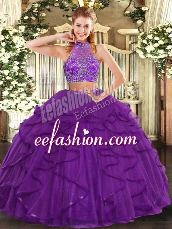  Purple Sleeveless Floor Length Beading and Ruffled Layers Criss Cross Quinceanera Dress