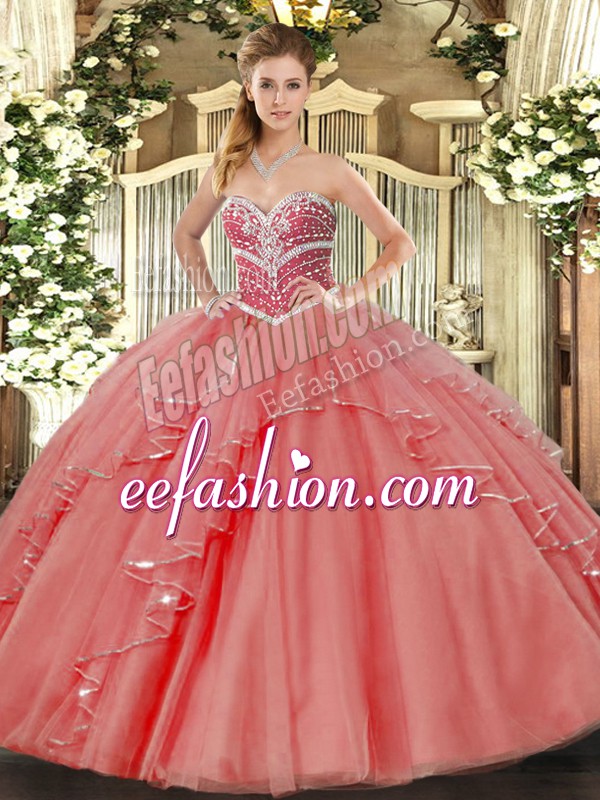 Dynamic Sleeveless Tulle Floor Length Lace Up Sweet 16 Dresses in Coral Red with Beading and Ruffles