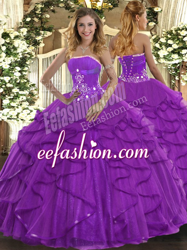 Fine Purple Sleeveless Tulle Lace Up Sweet 16 Dresses for Military Ball and Sweet 16 and Quinceanera