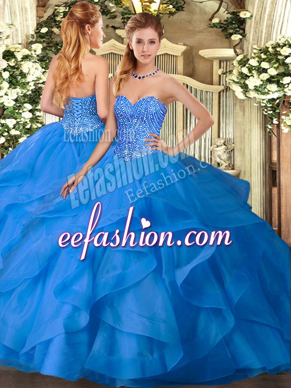  Blue Tulle Lace Up Quinceanera Dresses Sleeveless Floor Length Appliques and Ruffles