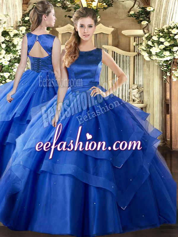  Blue Tulle Lace Up Quince Ball Gowns Sleeveless Floor Length Ruffled Layers