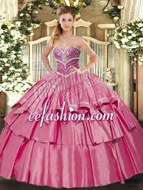  Hot Pink Ball Gowns Organza and Taffeta Sweetheart Sleeveless Beading and Ruffled Layers Floor Length Lace Up 15th Birthday Dress
