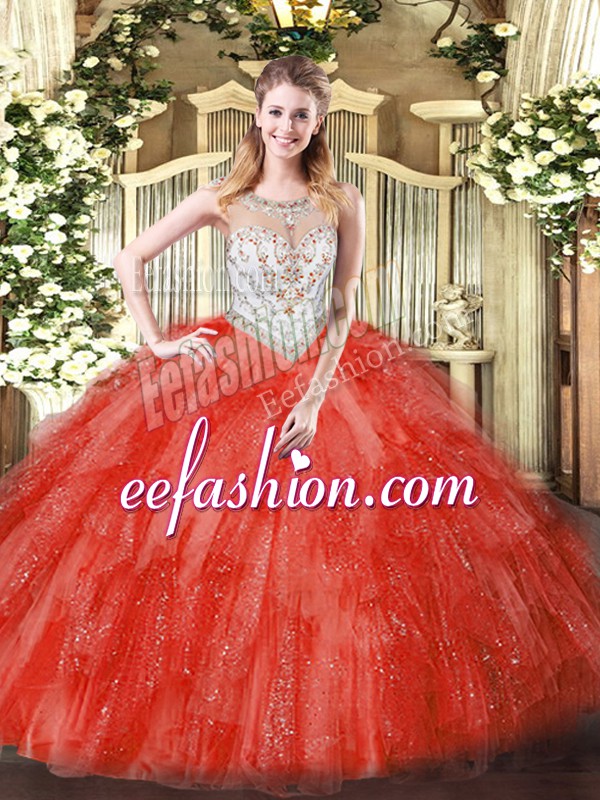  Coral Red Ball Gowns Tulle Scoop Sleeveless Beading and Ruffles Floor Length Zipper Ball Gown Prom Dress