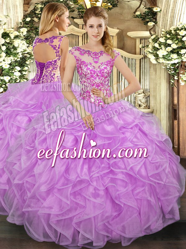 Admirable Lilac Scoop Lace Up Beading and Appliques and Ruffles Vestidos de Quinceanera Cap Sleeves