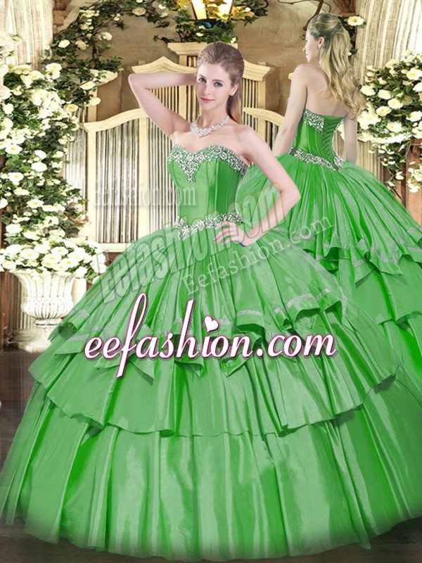 Vintage Green Organza and Taffeta Lace Up Sweetheart Sleeveless Floor Length 15 Quinceanera Dress Beading and Ruffled Layers
