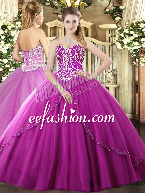  Sleeveless Beading Lace Up Quinceanera Gown with Fuchsia Brush Train