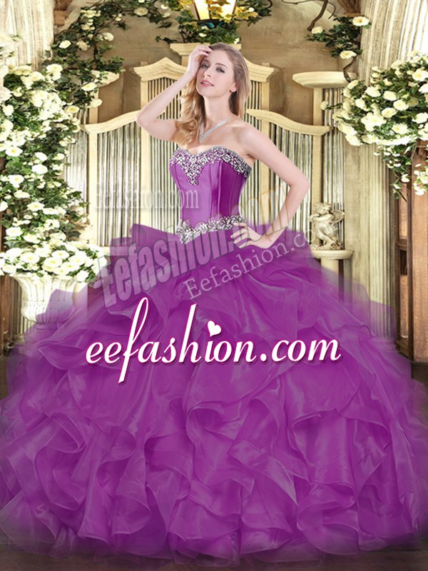 Amazing Fuchsia 15 Quinceanera Dress Military Ball and Sweet 16 and Quinceanera with Beading and Ruffles Sweetheart Sleeveless Lace Up