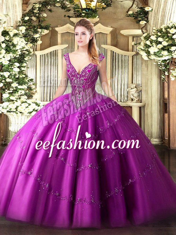 Amazing V-neck Sleeveless Lace Up Quinceanera Gowns Fuchsia Tulle