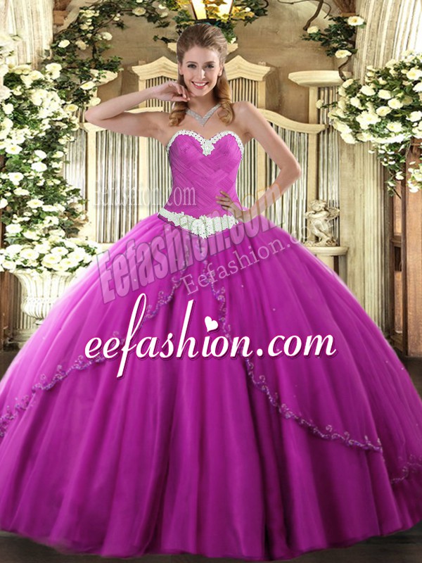  Sleeveless Tulle Brush Train Lace Up Quince Ball Gowns in Fuchsia with Appliques