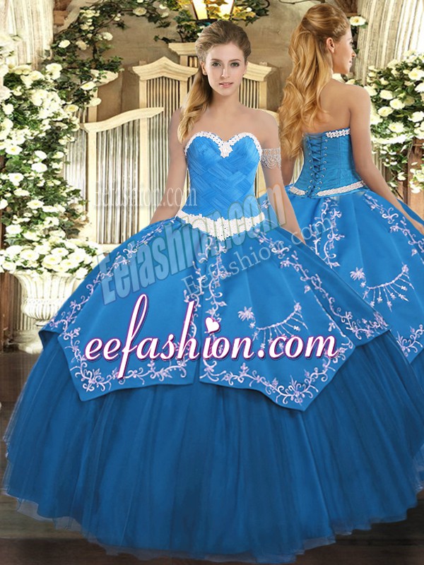  Blue Lace Up Sweetheart Appliques and Embroidery Vestidos de Quinceanera Organza and Taffeta Sleeveless