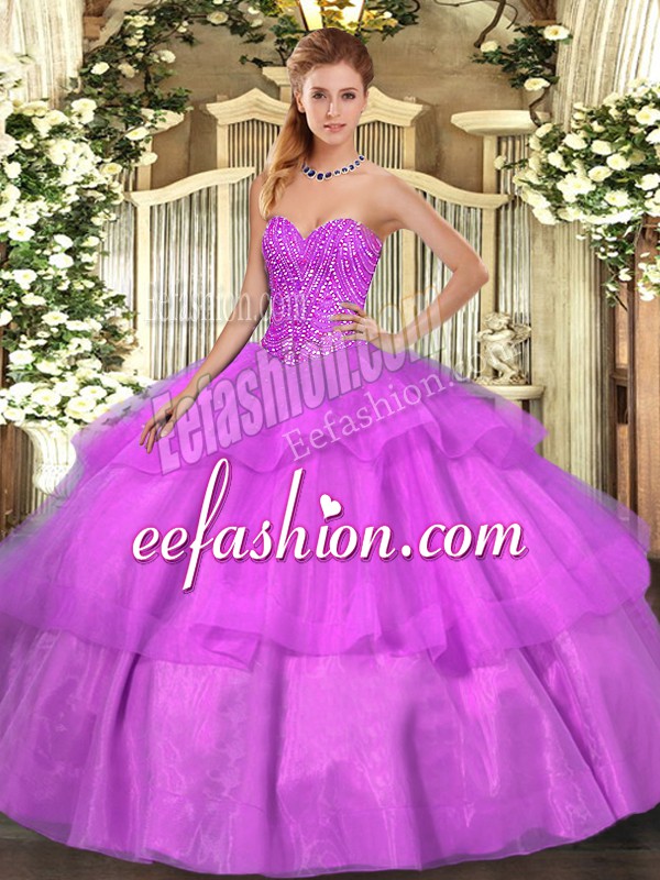 Fabulous Lilac Sleeveless Floor Length Beading and Ruffled Layers Lace Up Quinceanera Dresses