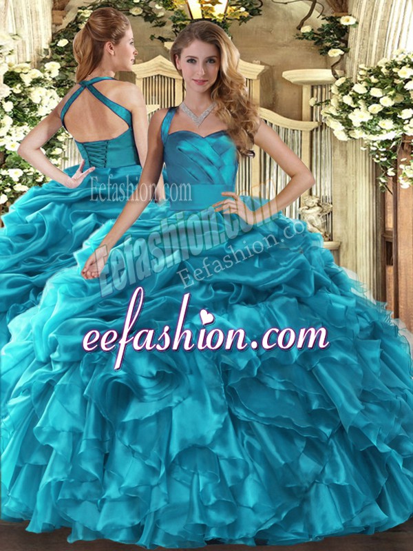  Teal Lace Up 15th Birthday Dress Ruffles and Pick Ups Sleeveless Floor Length
