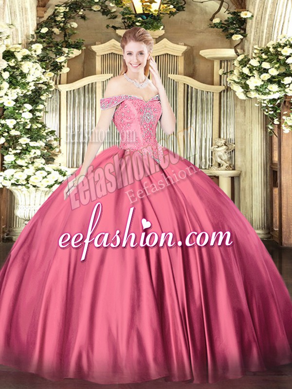  Hot Pink Off The Shoulder Lace Up Beading Ball Gown Prom Dress Sleeveless