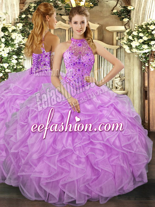 Ideal Lavender Ball Gowns Organza Halter Top Sleeveless Beading and Ruffles Floor Length Lace Up Quinceanera Gowns