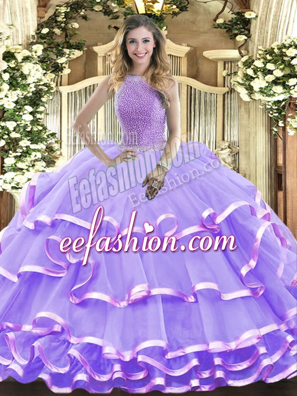 Superior Lavender 15th Birthday Dress Military Ball and Sweet 16 and Quinceanera with Beading and Ruffled Layers High-neck Sleeveless Lace Up